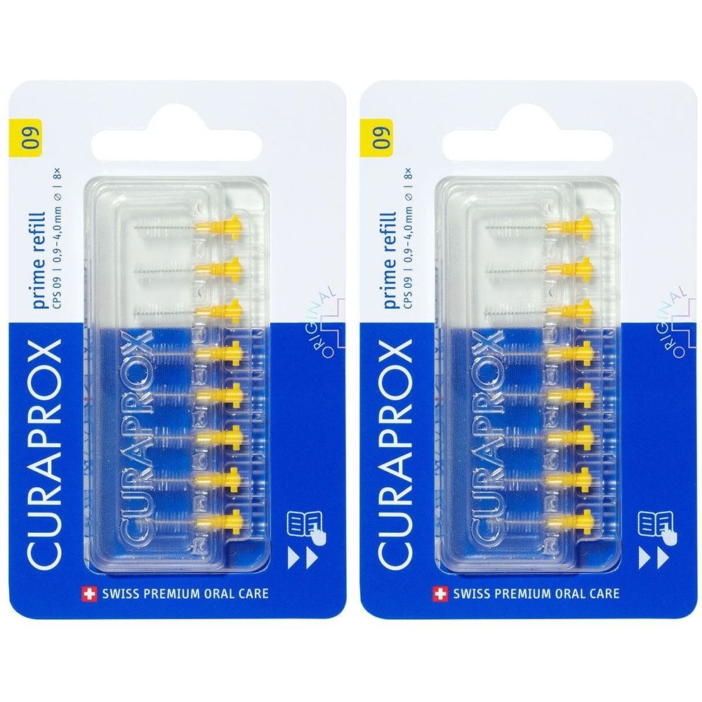 Zwei Packungen Interdentalbürsten-Nachfüllpackung. Blaue und weiße Verpackung mit gelben Bürsten. Marke: CURAPROX.