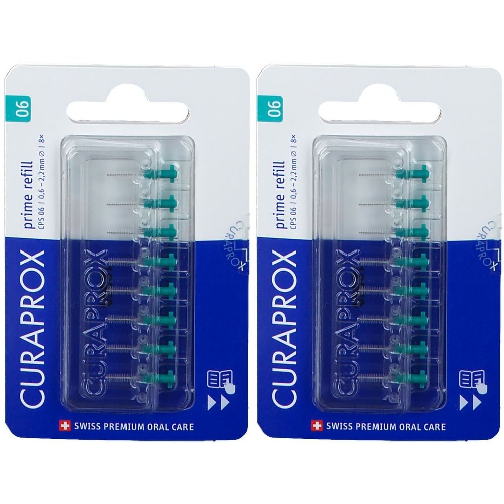 Zwei Packungen Curaprox Interdentalbürsten. Jede Packung enthält acht Nachfüllungen. Aufschrift: prime refill CPS 06 0,6-2,2mm. Swiss Premium Oral Care.