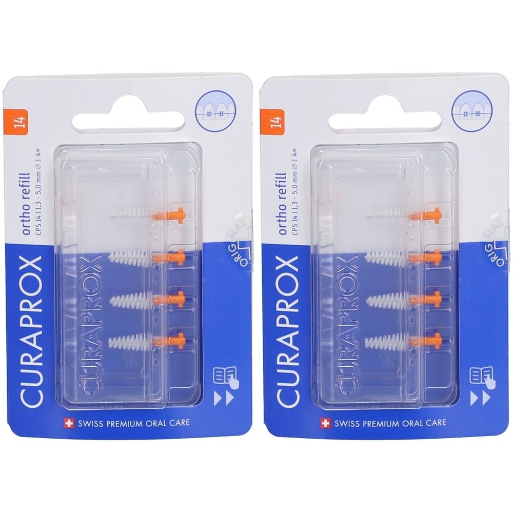 Zwei Packungen CURAPROX® Interdentalbürsten Refill ortho, Gr. 14. Jede Packung enthält Bürsten in Kunststoffverpackung. Blaue Karte mit Produktnamen.