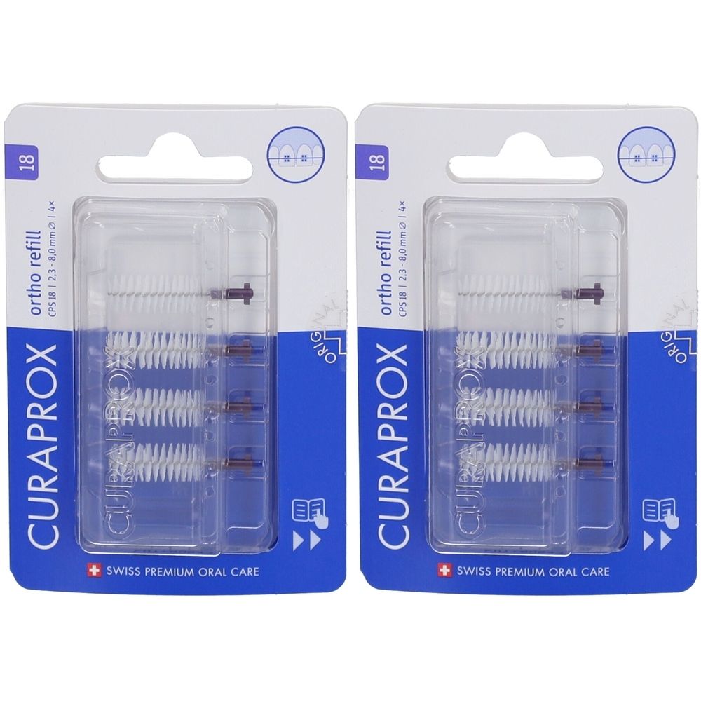 Zwei Packungen CURAPROX CPS 18 Ortho Refill. Jede Packung enthält Interdentalbürsten. Blaue Verpackung mit Produktinformationen.