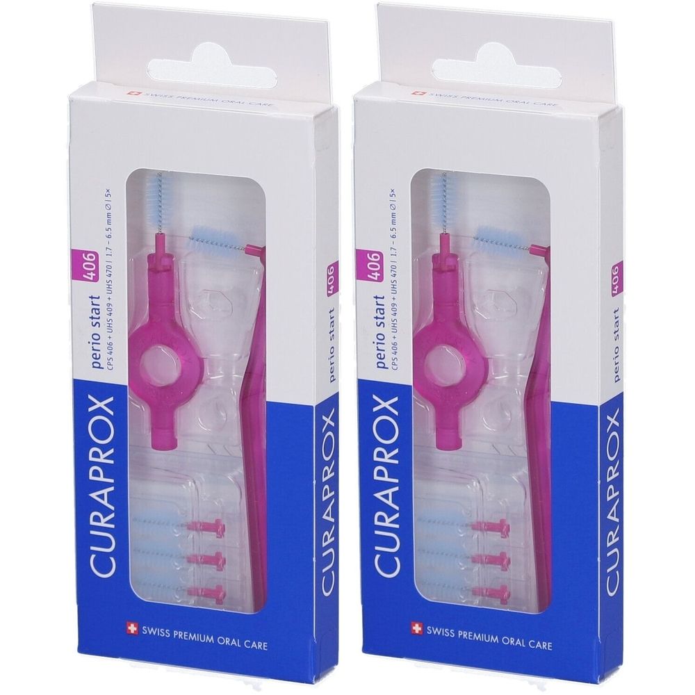 Zwei Packungen Interdentalbürsten. Jede Packung enthält eine pinkfarbene Halterung und Bürsten. Auf der Verpackung steht CURAPROX und perio start 406.