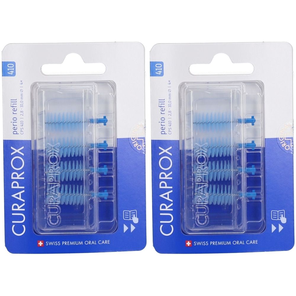 Zwei Packungen CURAPROX Interdentalbürsten-Nachfüllungen. Blaue Borsten, transparente Kunststoffverpackung, blaue Halterung. Aufschrift: perio refill.