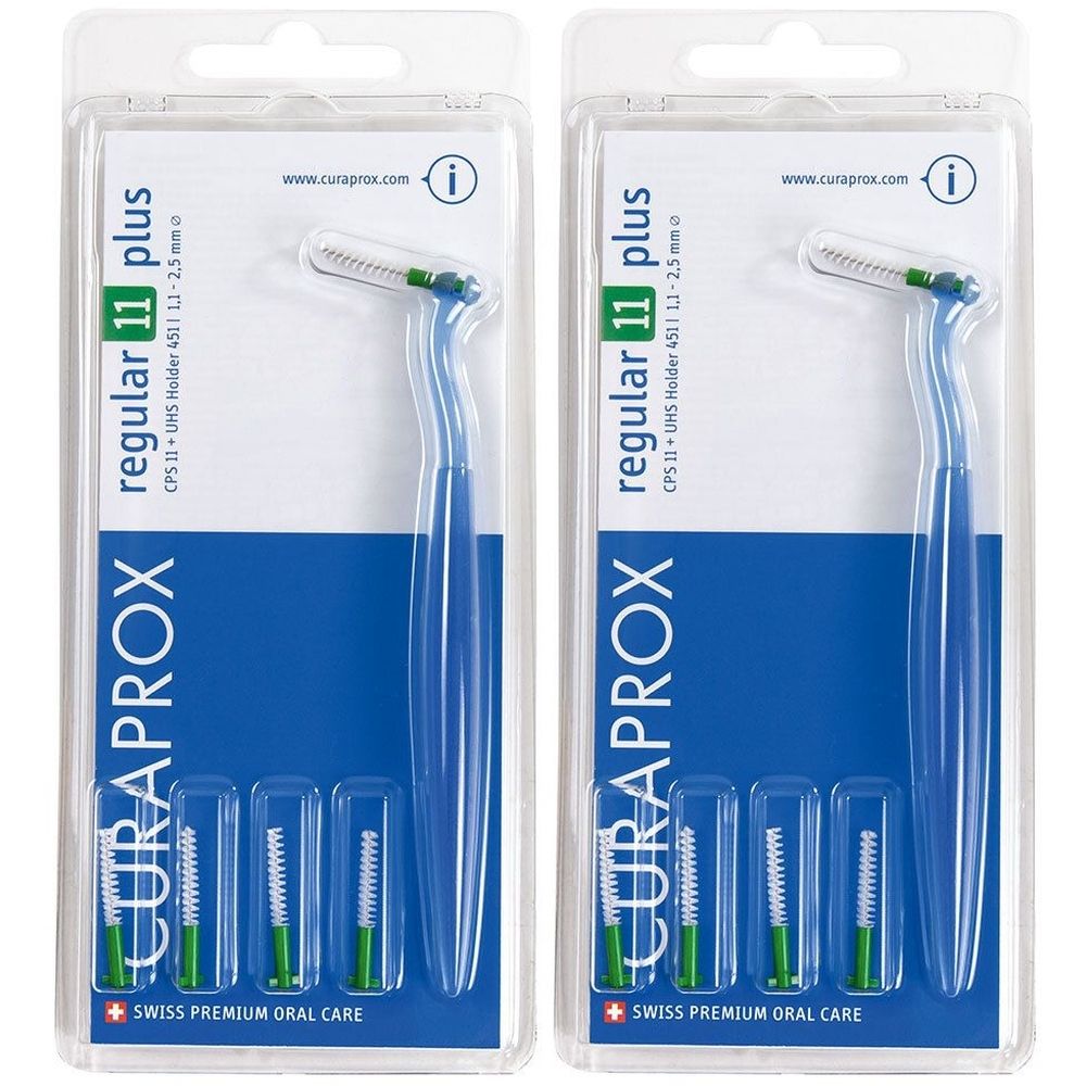 Zwei Packungen CURAPROX regular 11 plus. Blaue Griffe, grüne Borsten. Enthält Halter und Bürstenköpfe. Verpackung mit Produktnamen.