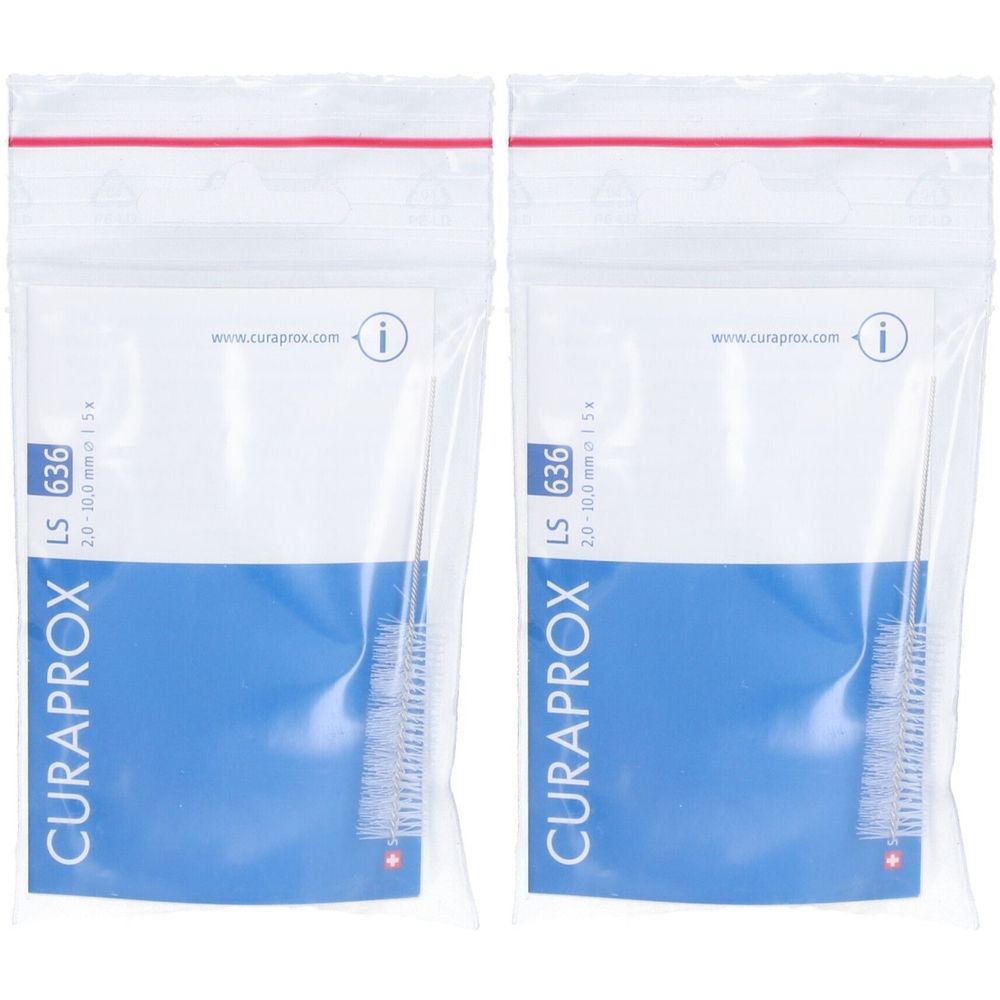 Zwei transparente Beutel mit Interdentalbürsten. Aufschrift CURAPROX, LS 636, 2,0 - 10,0 mm. Roter Streifen am oberen Rand.
