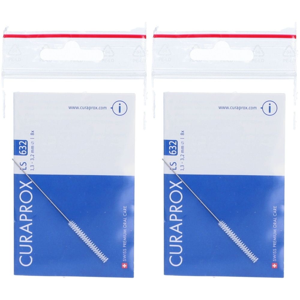 Zwei Packungen Curaprox Interdentalbürsten. Jede Packung enthält eine Bürste mit blauem Griff und weißem Borstenbereich. Aufdruck: LS 632, 1,3-3,2 mm.