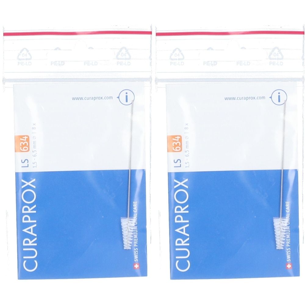 Zwei Interdentalbürsten in transparenten Beuteln. Blaue und weiße Verpackung mit CURAPROX-Logo und Produktbezeichnung LS 634.