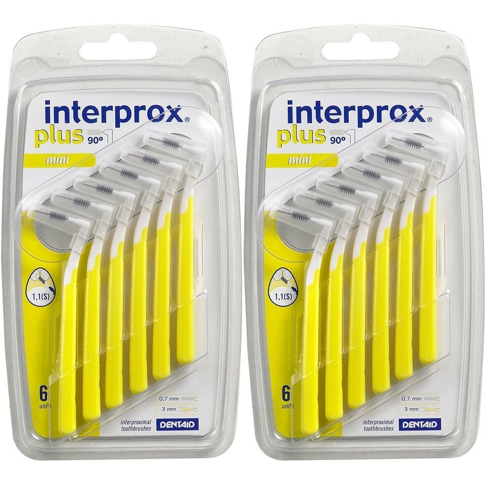 Zwei Blisterpackungen mit gelben Interdentalbürsten. Jede Packung enthält 6 Bürsten. Aufschrift: interprox plus mini.