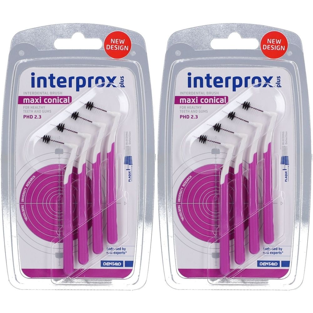 Zwei Packungen mit interprox® plus maxi conical. Jede Packung enthält mehrere rosa-weiße Bürsten mit schwarzen Borsten. Verpackung mit „NEW DESIGN“.