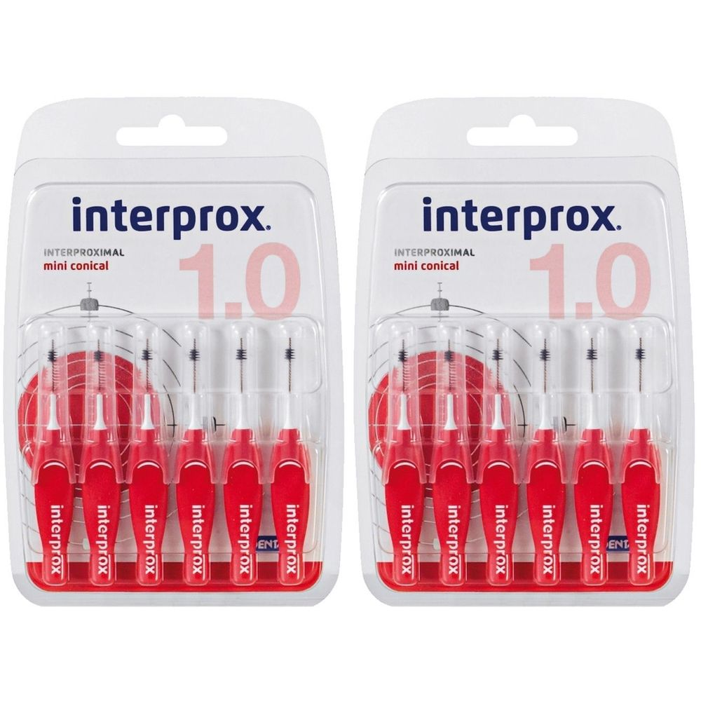 Zwei Packungen mit interprox® mini conical Zahnbürsten. Jede Packung enthält mehrere rote Bürsten mit weißen Borsten, verpackt in Blisterverpackung.