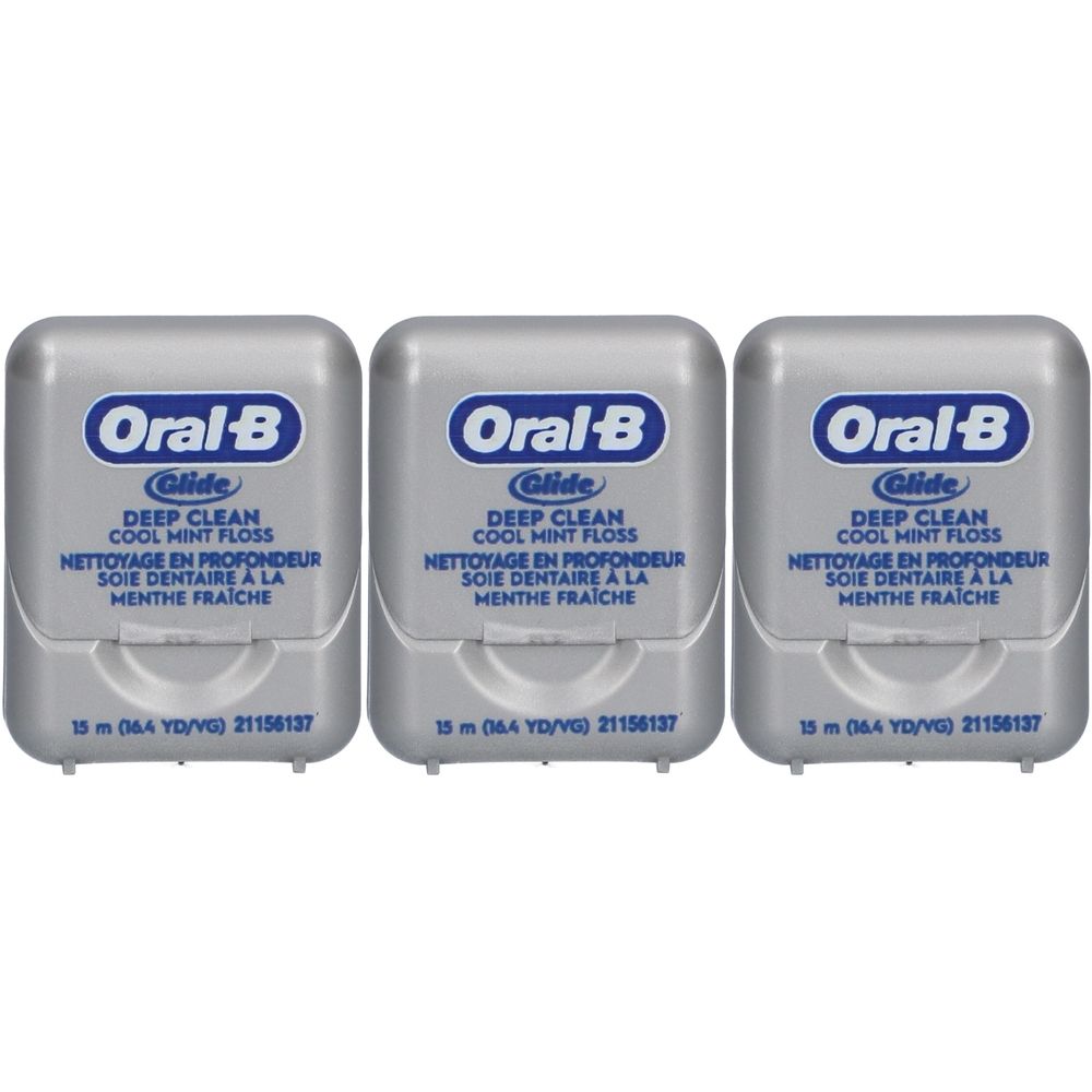 Drei Packungen Zahnseide. Graue Verpackung mit blauem Logo und Produktbezeichnung. Text: Oral-B Glide Deep Clean Cool Mint Floss.