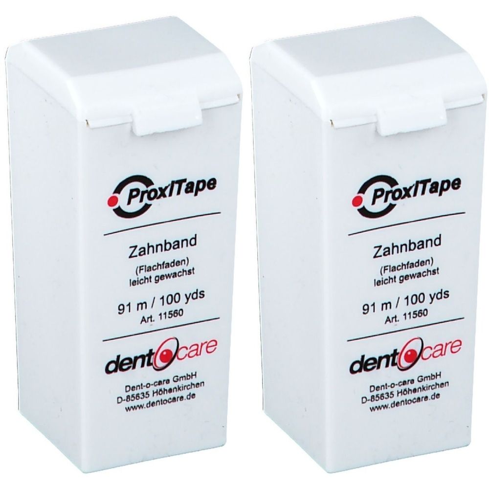 Zwei weiße Zahnband-Spender mit schwarzer und roter Beschriftung. Aufschrift: ProxiTape, Zahnband, 91 m/100 yds, dent-o-care.