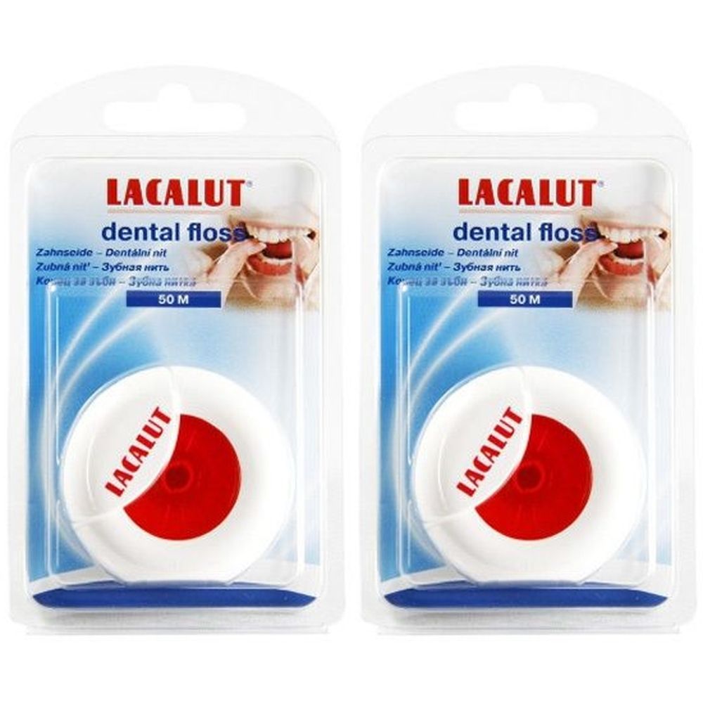 Zwei Packungen Zahnseide. Weiße Spulen mit roter Mitte und dem Schriftzug LACALUT. Verpackt in transparentem Kunststoff.