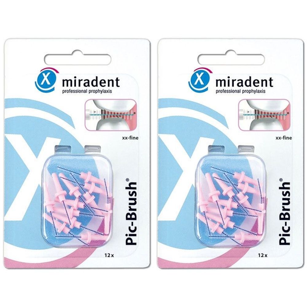 Zwei Packungen Interdentalbürsten. Marke miradent, Modell Pic-Brush, pink, xx-fine. 12 Stück pro Packung.