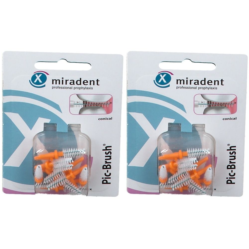 Zwei Packungen miradent Pic-Brush® Interdentalbürsten. Konische, orangefarbene Bürsten in transparenten Behältern, auf weißem Hintergrund.