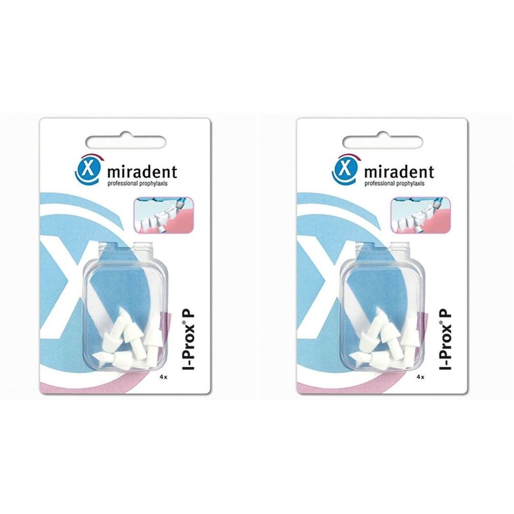 Zwei Packungen miradent I-Prox P Sulcus-Ersatzbürsten. Jede Packung enthält weiße Bürstenköpfe in einer transparenten Verpackung.