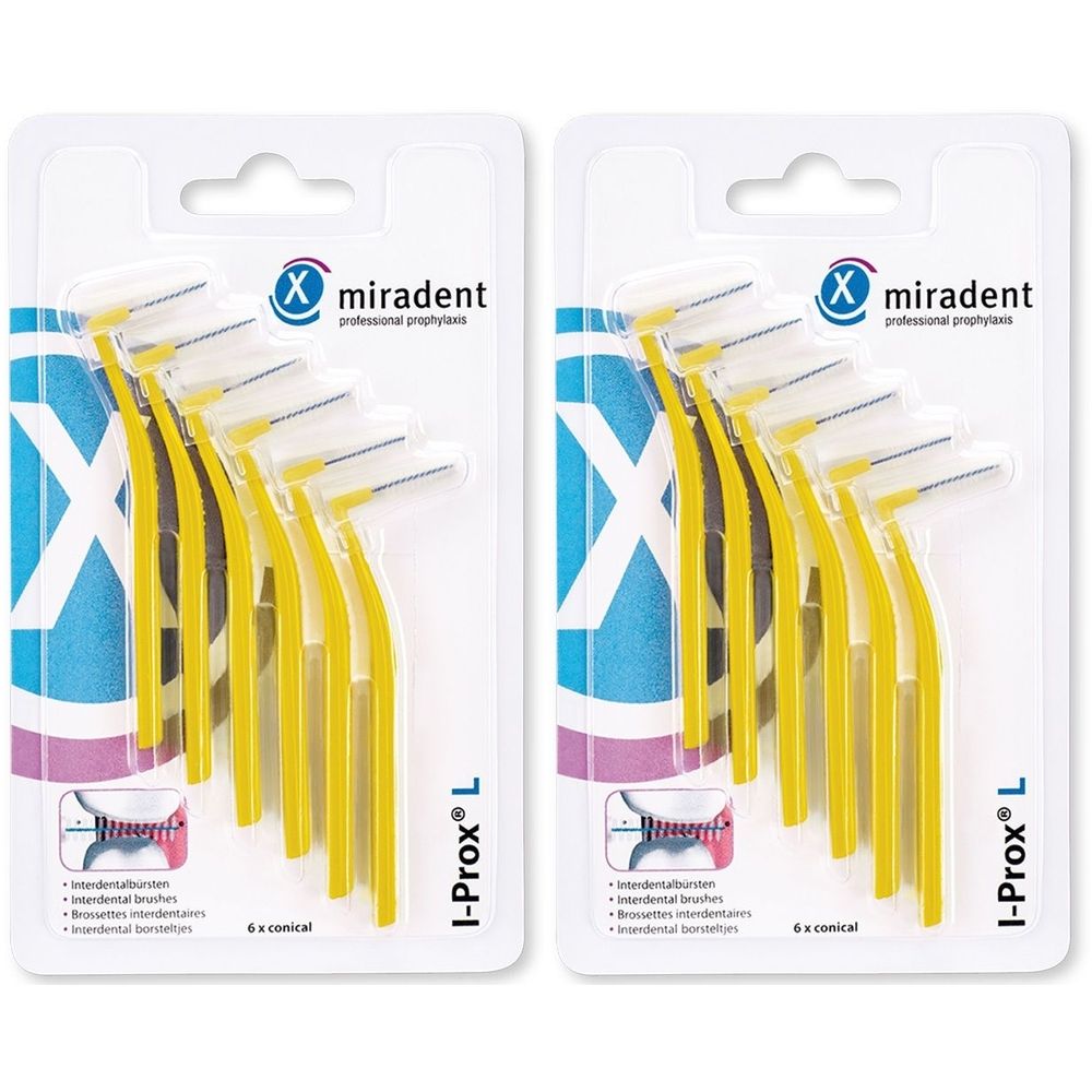 Zwei Blisterpackungen mit gelben Interdentalbürsten. Aufschrift: miradent, I-Prox L, 6 Stück. Gelbe Griffe, weiße Borsten.