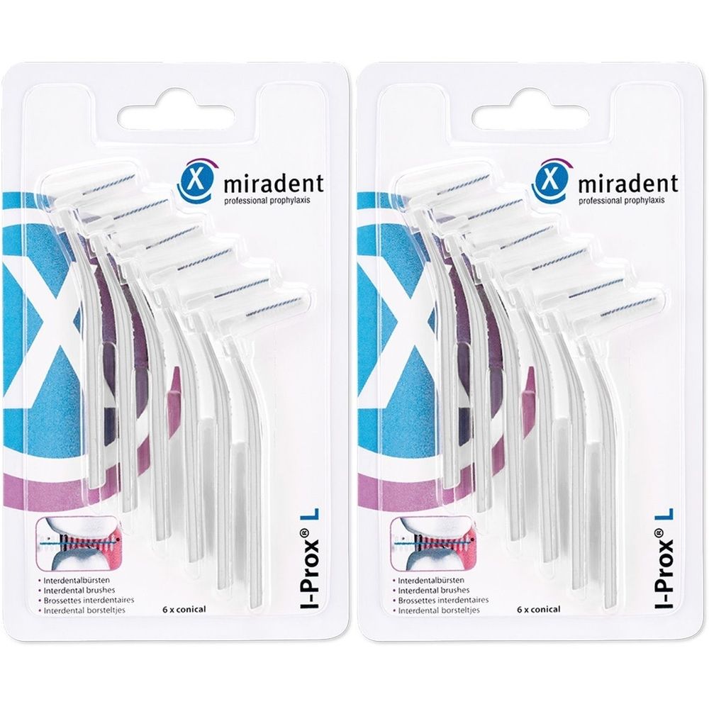 Zwei Packungen Interdentalbürsten. Jede Packung enthält sechs Bürsten. Aufschrift: miradent, I-Prox L. Weiße Bürsten mit blau-violettem Hintergrund.