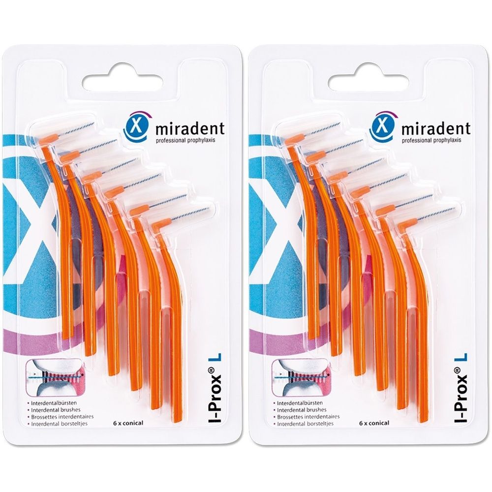 Zwei Packungen I-Prox L Interdentalbürsten. Jede Packung enthält sechs konische Bürsten mit orangefarbenen Griffen und weißen Borsten.