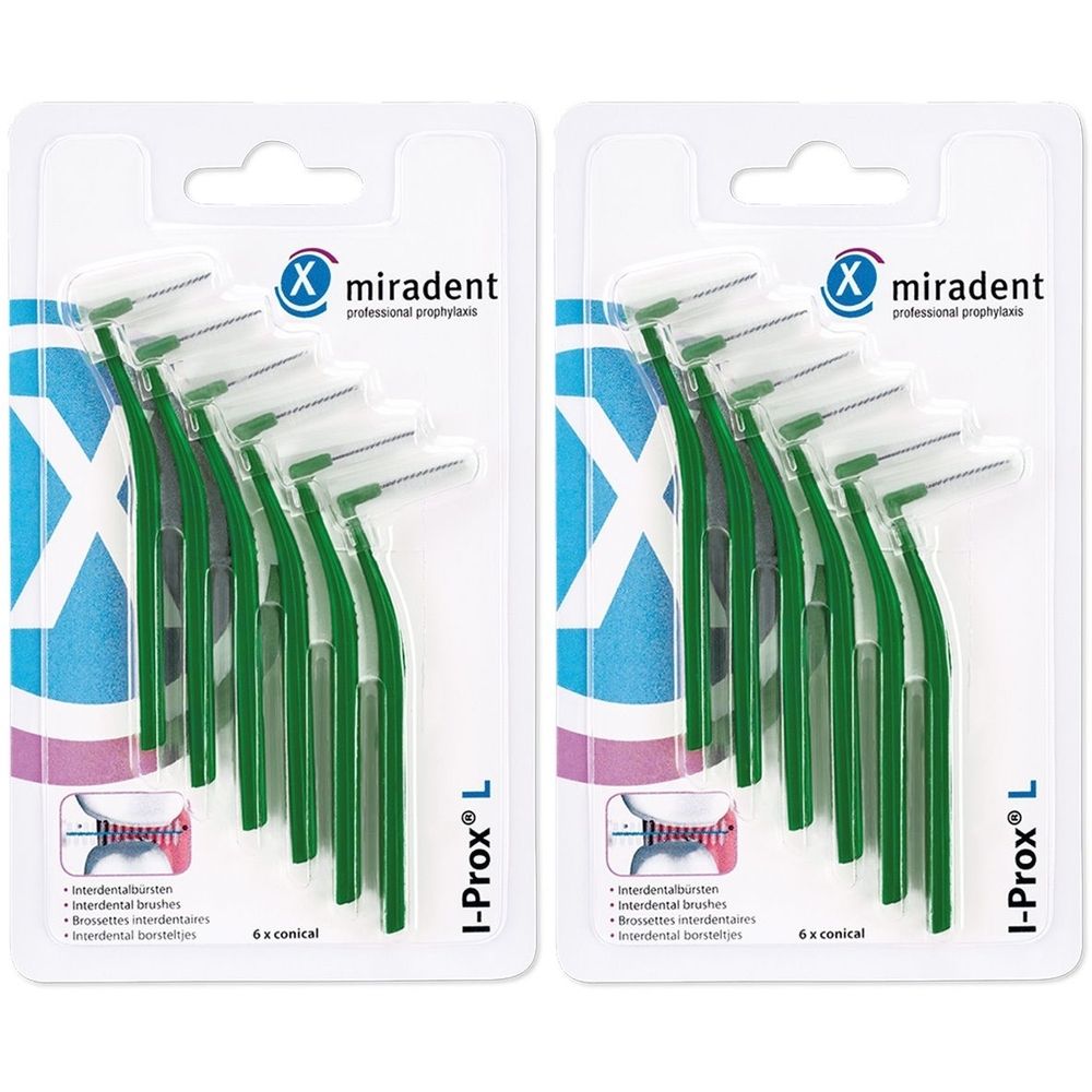 Zwei Packungen Interdentalbürsten. Jede Packung enthält sechs grüne Bürsten. Aufschrift: I-Prox L, miradent.