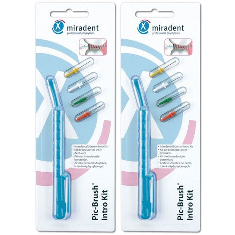 Zwei Packungen miradent Pic-Brush Intro Kit. Jede Packung enthält einen blauen Griff und farbige Bürstenköpfe. Verpackung mit Produktnamen.