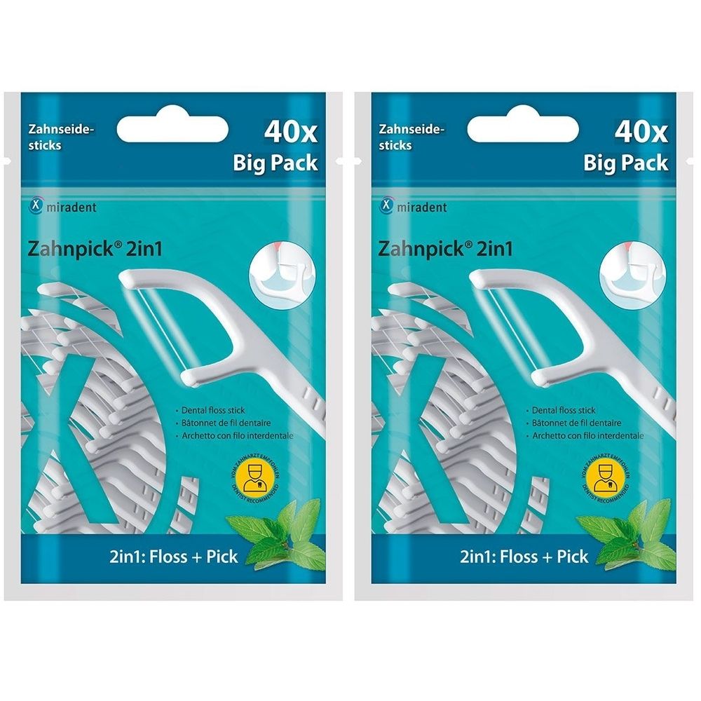 Zwei Packungen Zahnpick® 2in1. Jede Packung enthält 40 Stück. Aufschrift: Floss + Pick. Marke: miradent.