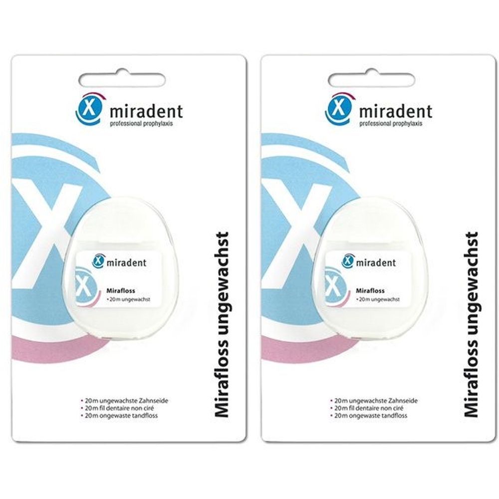 Zwei Packungen Zahnseide. Weiße Spule in weißer Verpackung mit Produktnamen und Logo. Ungewachste Zahnseide.