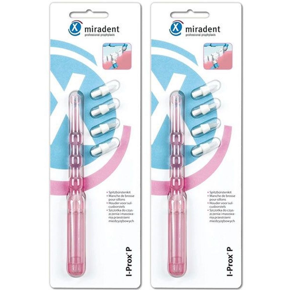 Zwei Packungen mit rosa transparenten Sulcusbürsten-Kits. Jede Packung enthält einen Griff und mehrere Bürstenköpfe.