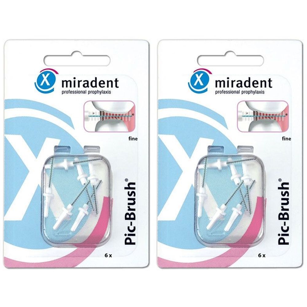 Zwei Packungen Interdentalbürsten. Jede Packung enthält sechs Bürsten. Marke: miradent Pic-Brush, fine.