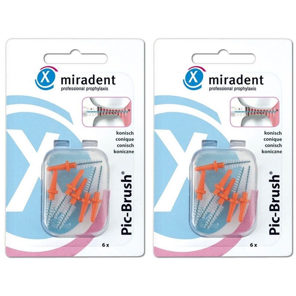 Zwei Packungen Interdentalbürsten. Jede Packung enthält sechs Bürsten mit orangefarbenen Griffen und konischen Borsten.