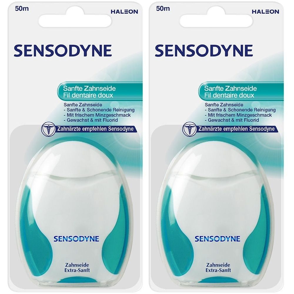Zwei Packungen SENSODYNE Zahnseide Extra-Sanft. Weiße, ovale Behälter mit türkisfarbenen Akzenten. Aufschrift: Sanfte Zahnseide.