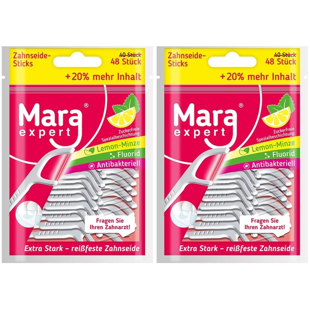 Zwei Packungen Mara expert Zahnseide Sticks. Rosa Verpackung mit Produktabbildung und Text. Lemon-Minze, Fluorid, antibakteriell.