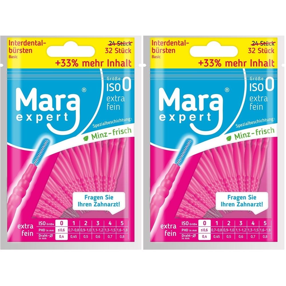 Zwei Packungen Mara expert Interdentalbürsten. Rosa Bürsten mit blauem Borstenkopf. Aufschrift: ISO 0, extra fein, Minz-frisch.