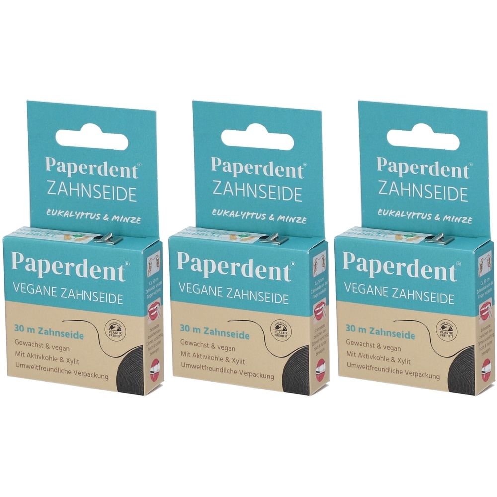 Drei Packungen veganer Zahnseide. Türkis-weiße Kartons mit Produktnamen und Inhaltsangaben. Eukalyptus & Minze.
