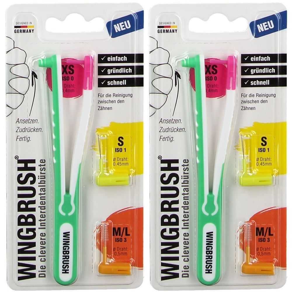 Zwei Blisterpackungen mit Interdentalbürsten. Jede Packung enthält Bürsten in XS, S und M/L. Aufdruck: WINGBRUSH, ISO-Nummern.
