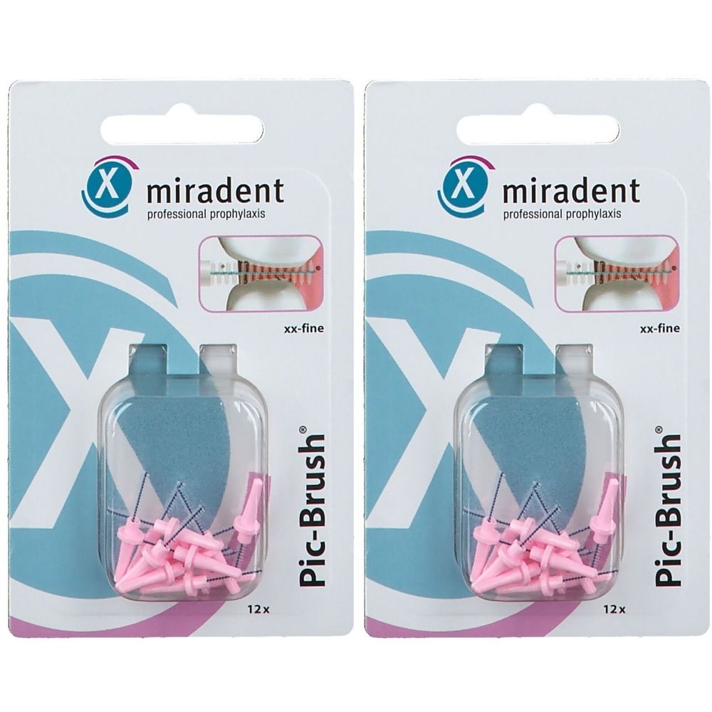 Zwei Packungen Pic-Brush Interdentalbürsten. Rosa Bürstenköpfe in transparenten Behältern. Marke: miradent.