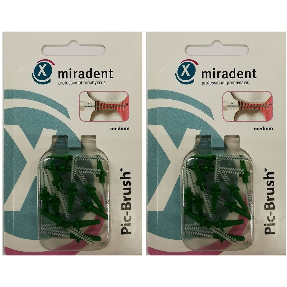 Zwei Packungen Pic-Brush Ersatzbürsten. Jede Packung enthält grüne Bürsten in einer transparenten Blisterverpackung. Marke: miradent.