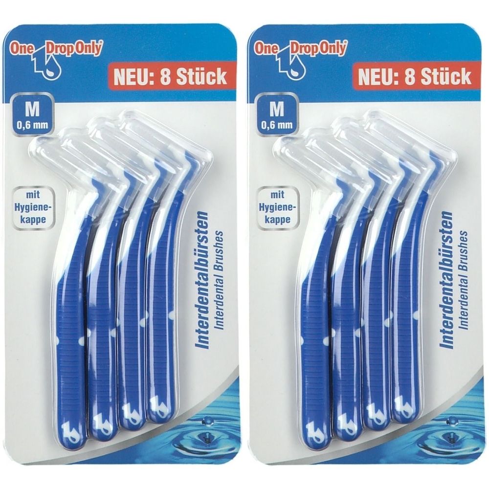 Packung mit acht Interdentalbürsten. Blaue Griffe, weiße Borsten, transparente Schutzkappen. Marke: One Drop Only. Größe M, 0,6 mm.