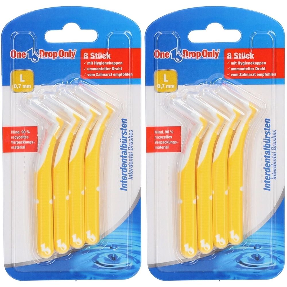 Zwei Packungen Interdentalbürsten. Jede Packung enthält acht Bürsten mit gelben Griffen und weißen Borsten. Größe L, 0,7 mm.
