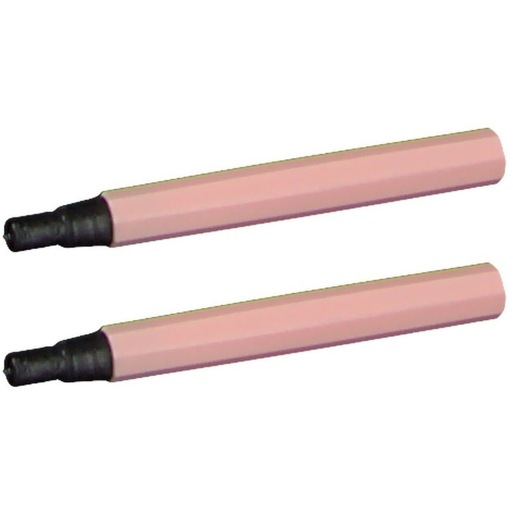 Zwei rosa Zahnstocher mit schwarzem, konischem Ende. Die Stiele sind achteckig geformt.