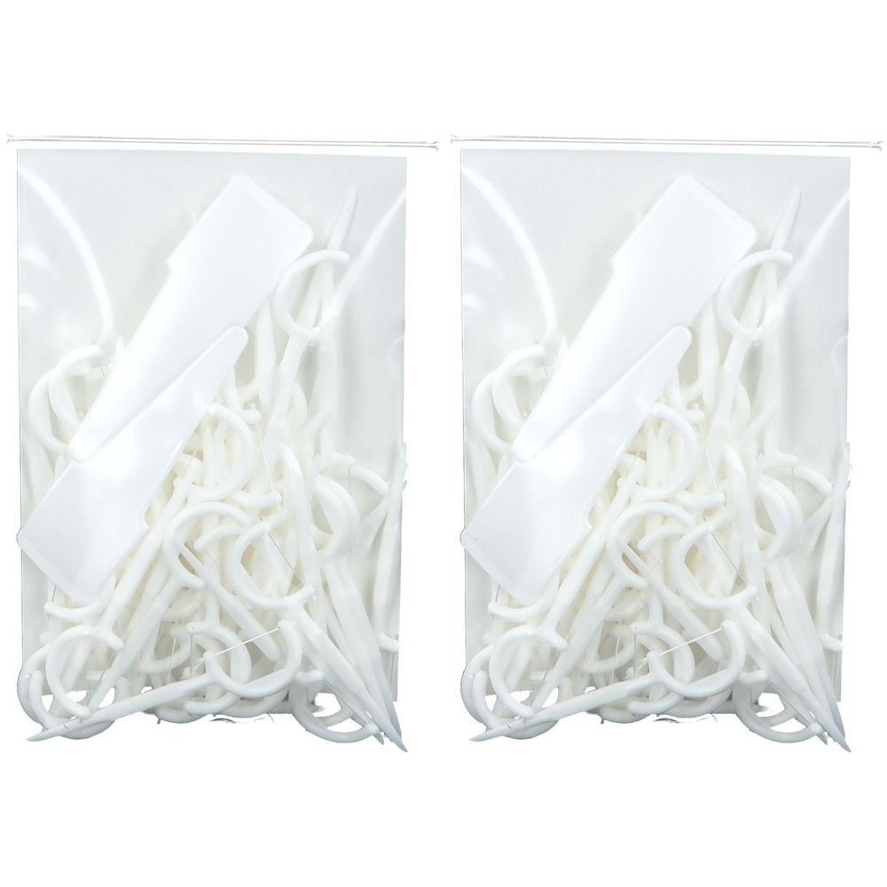 Zwei transparente Beutel mit weißen Zahnseide-Picks. Jeder Beutel enthält eine Reihe von Picks und einen weißen Halter.