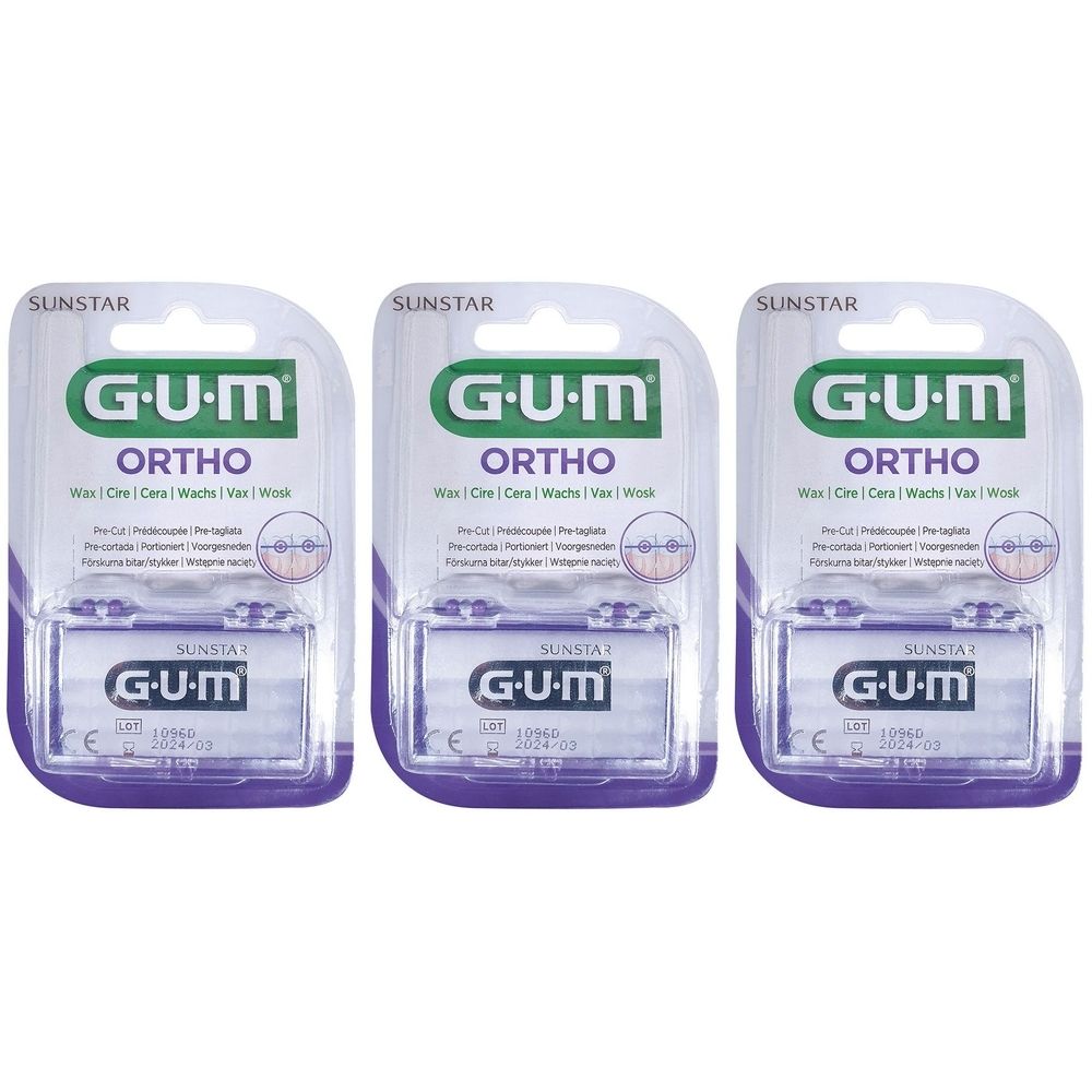 Drei Packungen GUM Ortho Wachs. Jede Packung enthält ein transparentes Gehäuse mit Wachs. Aufschrift: GUM, Ortho, SUNSTAR.