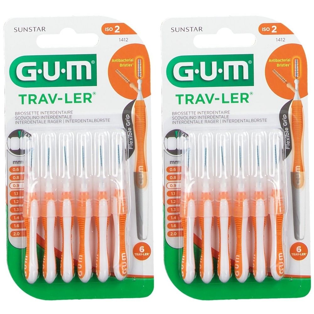 Zwei Packungen GUM® Trav-Ler® Interdentalbürsten. Jede Packung enthält 6 Bürsten mit orangefarbenen Griffen und weißen Borsten.