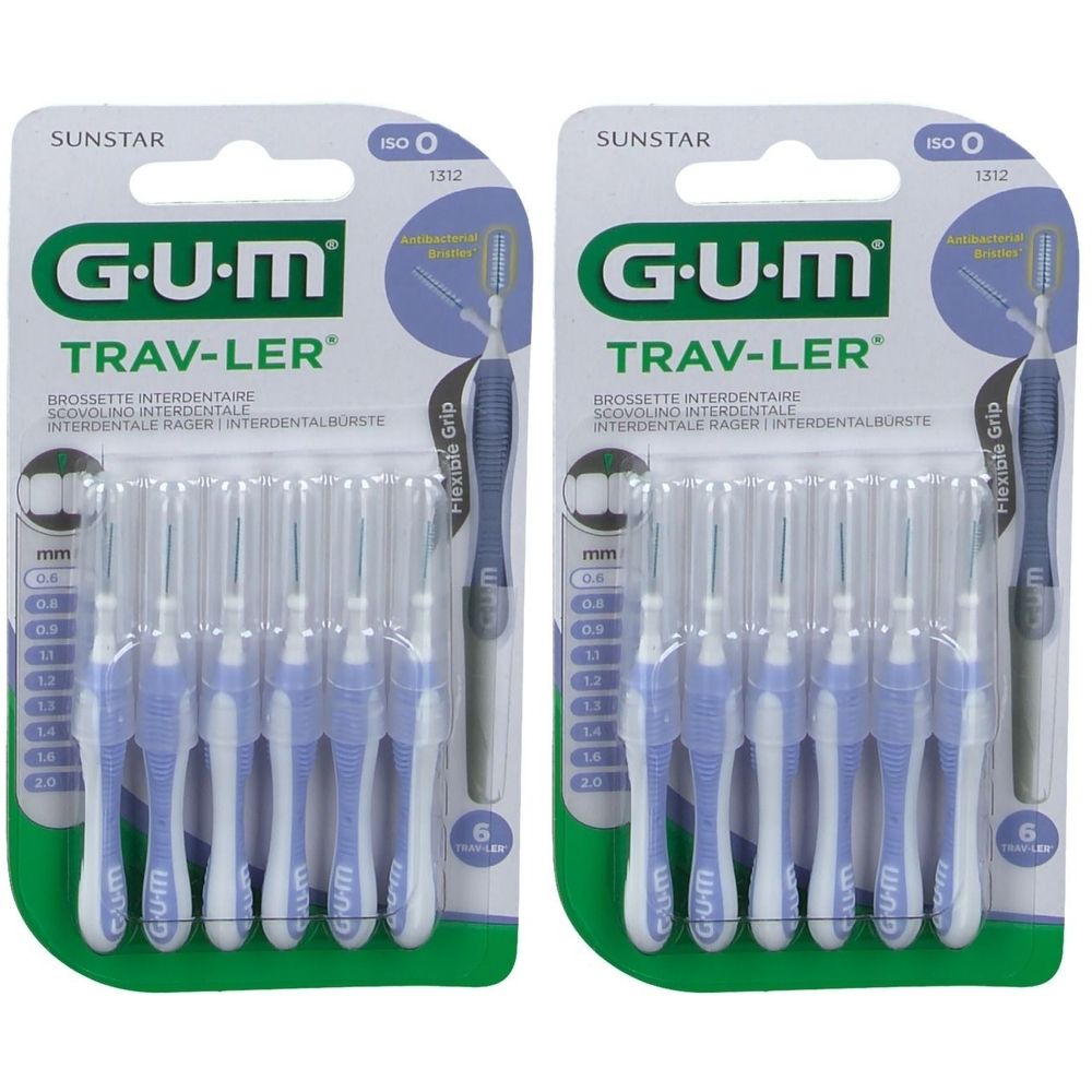 Verpackung mit GUM Trav-ler Interdentalbürsten. Sechs Stück, hellblaue Griffe. Marke und Produktname deutlich sichtbar.