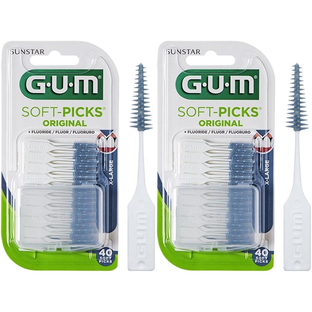 Zwei Packungen GUM Soft-Picks X-Large. Jede Packung enthält 40 Picks. Die Picks sind in einer Blisterverpackung mit grüner Umrandung.