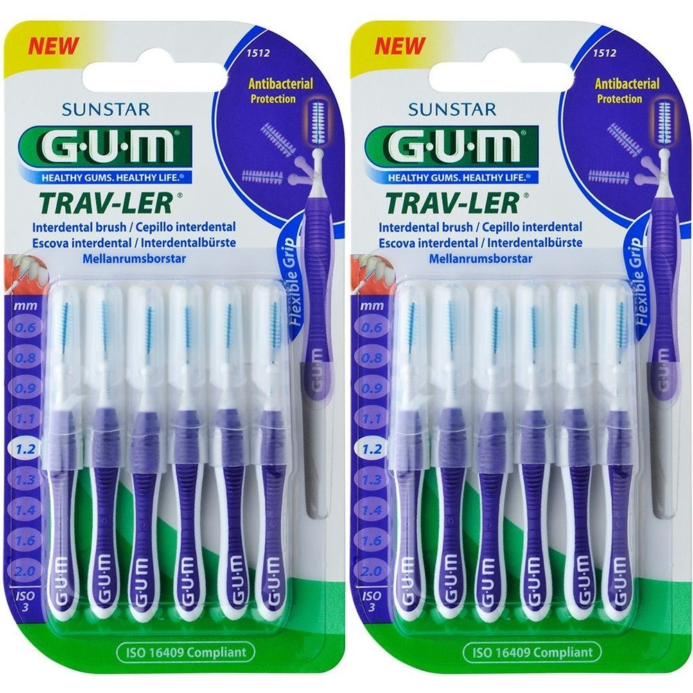 Zwei Packungen GUM Trav-Ler Interdentalbürsten. Jede Packung enthält 6 Bürsten mit violetten Griffen und blauen Borsten. ISO 16409.
