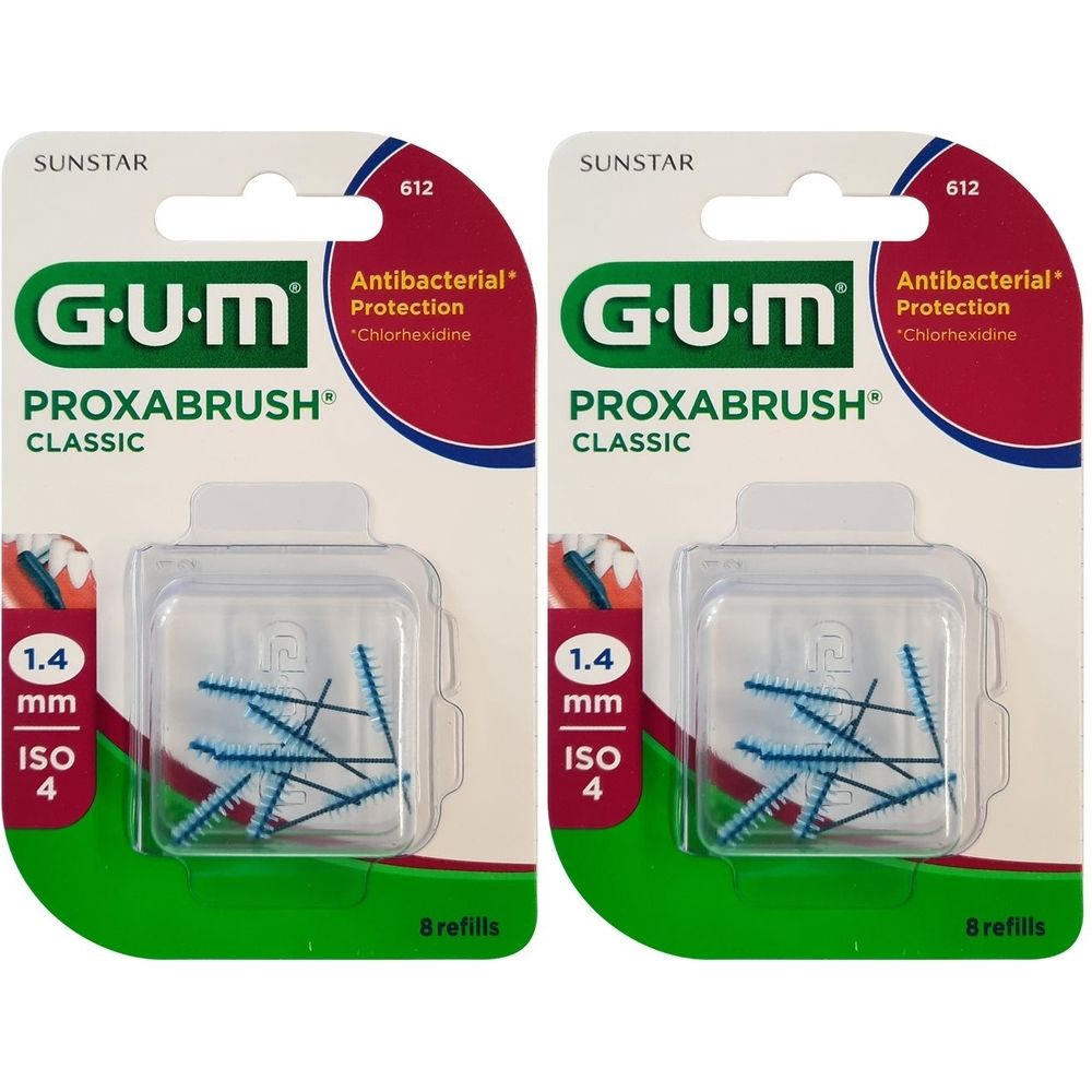 Zwei Packungen GUM PROXABRUSH CLASSIC. Jede Packung enthält Nachfüllungen mit blauen Borsten. 1,4 mm, ISO 4. Antibakterieller Schutz.