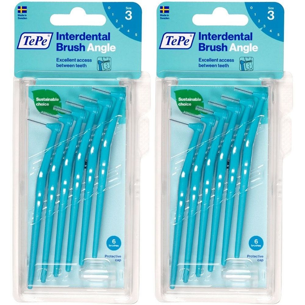 Zwei Packungen Interdentalbürsten. Jede Packung enthält sechs blaue Bürsten. Aufschrift: TePe Interdental Brush Angle.