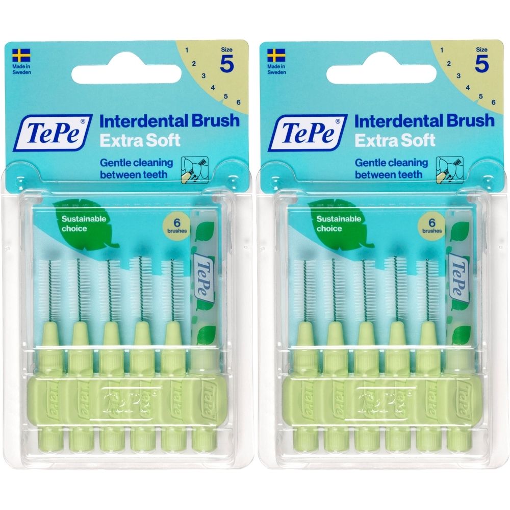 Zwei Packungen Interdentalbürsten, extra weich, grün. Verpackung mit 6 Bürsten. Marke TePe, Größe 5.