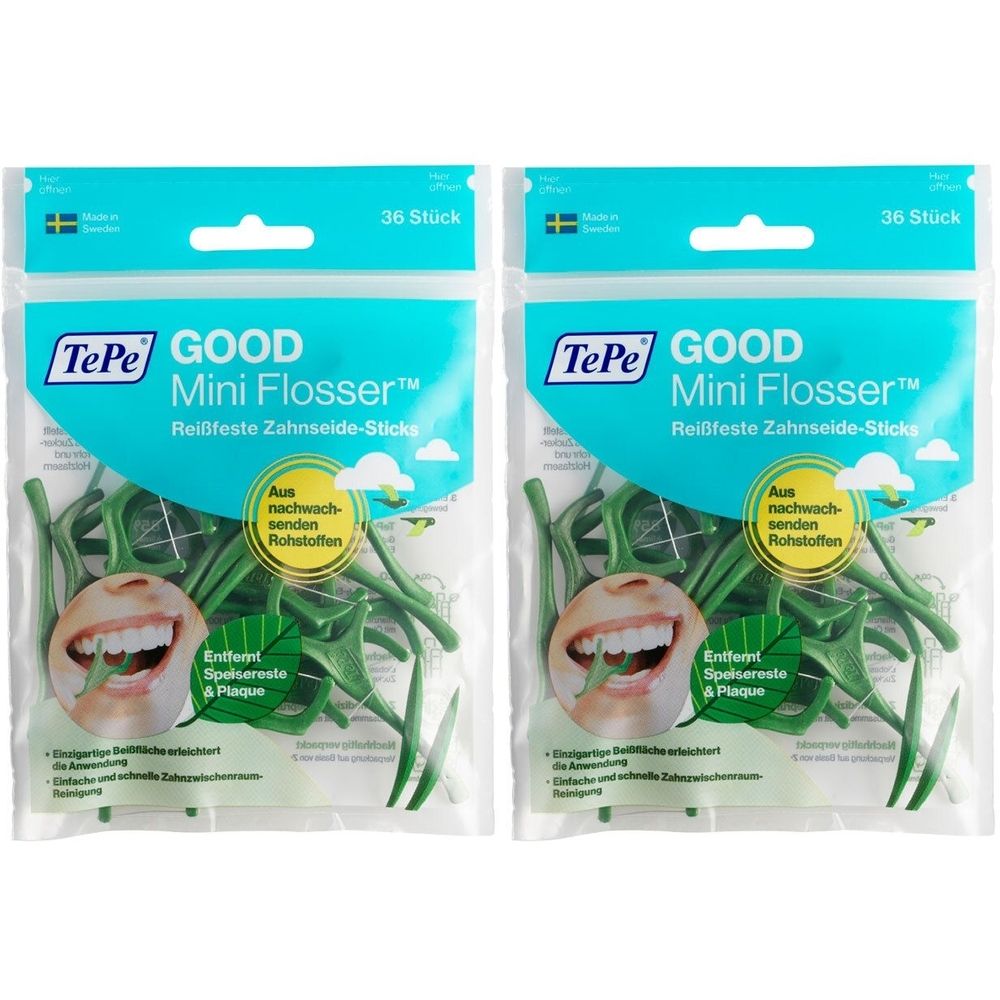 Zwei Packungen TePe GOOD Mini Flosser. Jede Packung enthält 36 Stück. Grünliche Zahnseide-Sticks in transparenter Verpackung.