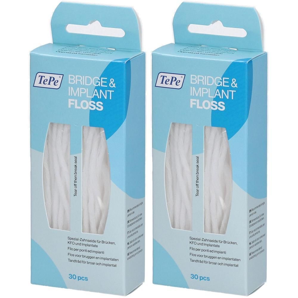 Zwei Packungen TePe Bridge & Implant Floss, je 30 Stück. Speziell für Brücken, KFO und Implantate.